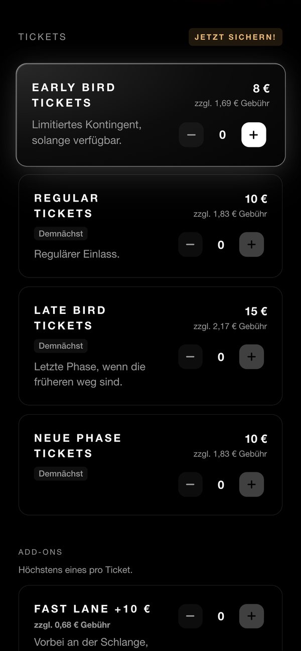 Ticketauswahl mit Phasen und Add-ons